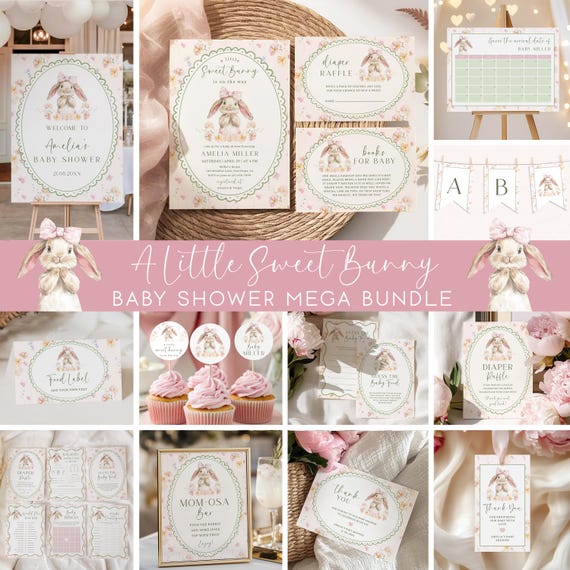 A Little Sweet Bunny Baby Shower Mega Bundle Vintage Floral Bunny Baby Invites Pink Coquette Baby Shower Games Pack, Signs, Decor | B012