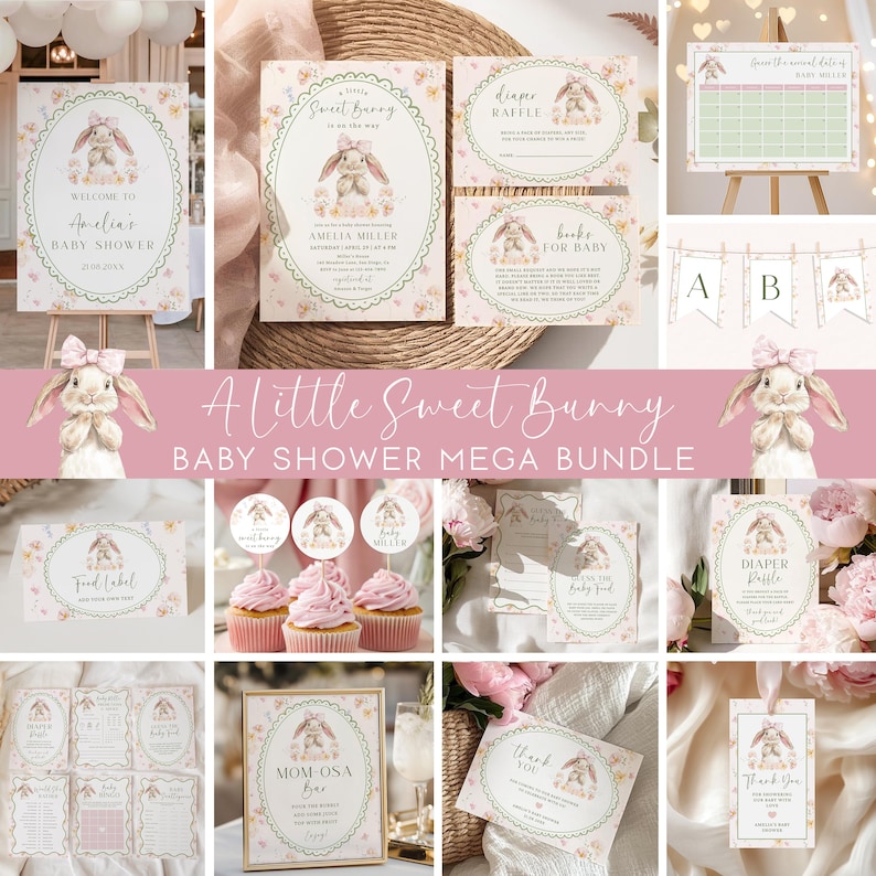 May include: A baby shower mega bundle with a "A Little Sweet Bunny" theme. The set includes invitations, signs, cupcake toppers, and games. The design features a watercolor bunny with a pink bow and floral accents. The color palette is soft pink and cream.