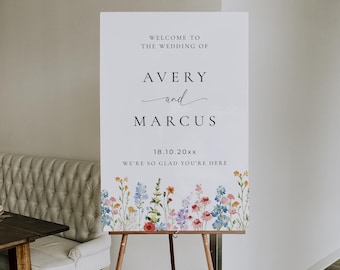 Modello modificabile per cartello di benvenuto per matrimonio con fiori selvatici, poster di benvenuto floreale, segnaletica di benvenuto per matrimonio in giardino / W006