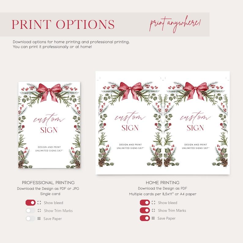 Christmas Custom Sign Template Red Bow Table Sign Editable Greenery Christmas Party Sign Winter Wedding Sign December Shower Sign| CH01 image 8