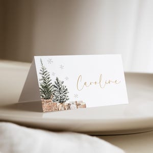 Puede incluir: Una tarjeta de sitio blanca con una ilustraci&oacute;n de acuarela de dos &aacute;rboles de Navidad y copos de nieve. El nombre "Caroline" est&aacute; escrito en escritura dorada. La tarjeta est&aacute; sobre un plato blanco.