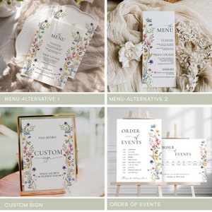 May include: A set of printable wedding stationery templates featuring a floral design with watercolor flowers in shades of pink, yellow, blue, and green. The templates include a menu, order of events, and a custom sign.