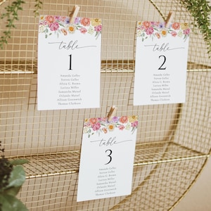 Zitkaartsjabloon met pastelkleurige bloemen Bewerkbare bloemen plattegrond kaarten Kleurrijke bloemen hangende zitplaatsen plattegrond Wildflower-zitkaarten | VM08