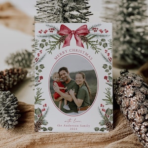Modèle photo de carte de Noël Carte de Noël botanique modifiable Carte de vœux avec noeud rouge Carte de joyeux Noël imprimable Carte photo de famille | C001