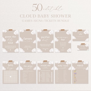 Neutral Cloud Baby Shower Games Bundle Printable Beige Baby Shower Signs on Cloud 9 Baby Shower Bundle Editable Baby Shower Game Pack| BW02