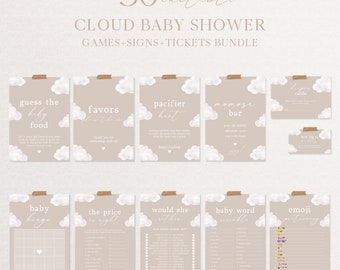 Neutral Cloud Baby Shower Games Bundle Printable Beige Baby Shower Signs on Cloud 9 Baby Shower Bundle Editable Baby Shower Game Pack| BW02