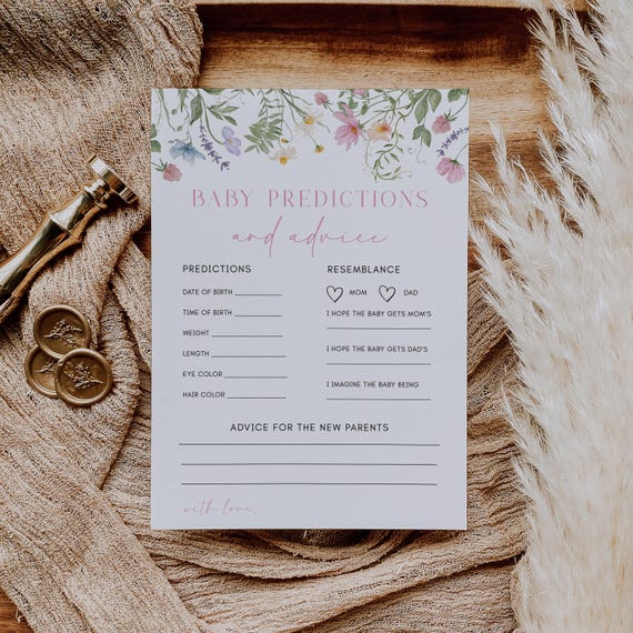 Wildflower Baby Predictions and Advice Game Template Garden Baby Shower Game Card Floral Baby Prediction Card, Baby Shower Activities | BW08