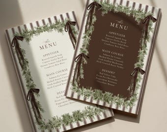 Christmas Menu Printable Botanical Bow Holiday Dinner Party Menu Classic Garland Christmas Dinner Menu Brown Stripes | HL24