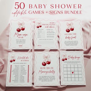 Cherry Baby Shower Games Bundle Pink Bow Cherry Baby Shower Signs Set Coquette Girl Baby Shower Games Pack Cherry on Top Baby Shower | B005