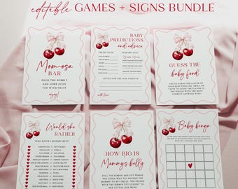 Cherry Baby Shower Games Bundle Pink Bow Cherry Baby Shower Signs Set Coquette Girl Baby Shower Games Pack Cherry on Top Baby Shower | B005