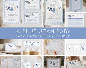 Blue Jean Baby Shower Mega Bundle Western Denim Baby Shower Invites Blue Stripes Baby Shower Games Pack, Signs, Decor | B011