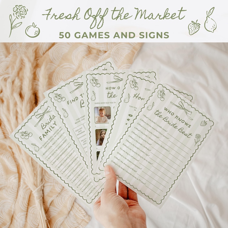 K&ouml;nnte beinhalten: Eine Sammlung von Hochzeitsspielkarten mit hellgr&uuml;nem Design. Die Karten zeigen Texte wie "Bride Family" und "Who Knows the Bride Best". Die W&ouml;rter "Fresh Off the Market" und "50 Games and Signs" sind ebenfalls zu sehen.