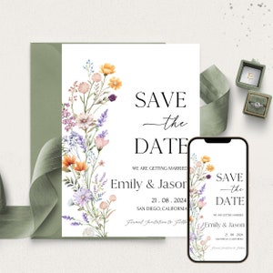 Wildflower Save the Date digitale Vorlage, Bearbeitbare Boho Save the Date Vorlage, Moderne florale elektronische Save the Date Karte|MAYA