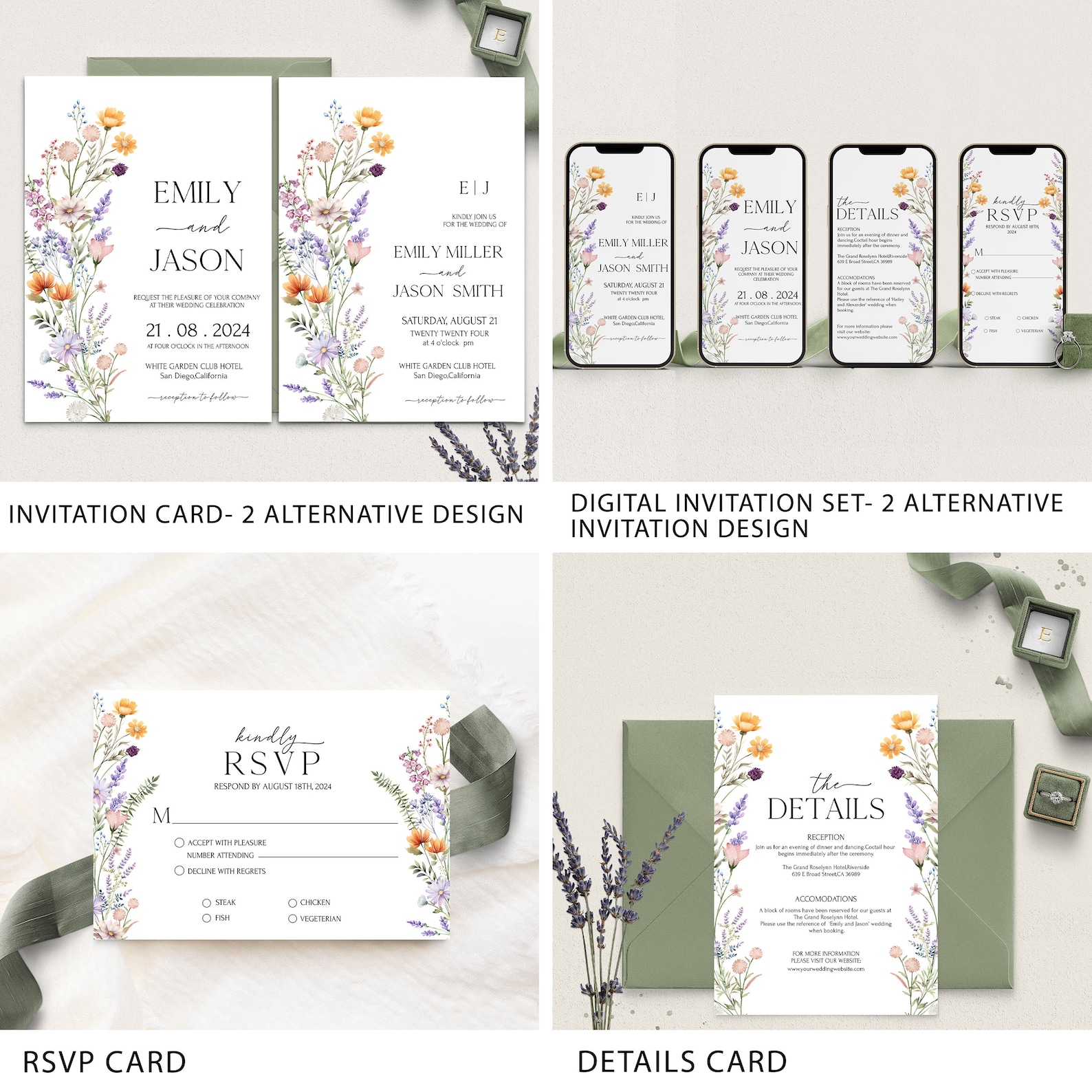 Wildflower Wedding Invitation MEGA Bundle Template,printable Wedding Invites Bundle,editable ...