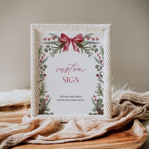 Christmas Custom Sign Template Red Bow Table Sign Editable Greenery Christmas Party Sign Winter Wedding Sign December Shower Sign| CH01 image 2
