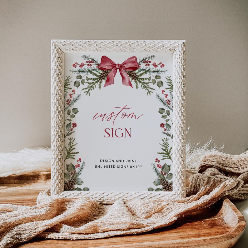 Christmas Custom Sign Template Red Bow Table Sign Editable Greenery Christmas Party Sign Winter Wedding Sign December Shower Sign| CH01 image 2