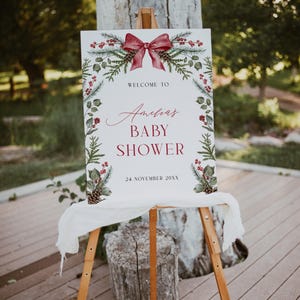 Weihnachten Baby Shower Willkommensschild Vorlage Rote Schleife Baby Shower Willkommen Poster Winter Willkommensschild Board Greenery Shower Willkommensschild | CH01