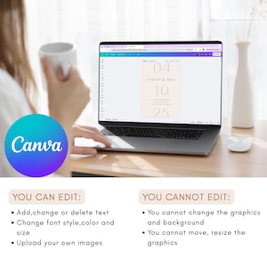 以下が含まれることがあります： Canvaで作成された結婚式の招待状のデザインが表示されているラップトップ。デザインには日付「04」、「10」、「25」と「SARAH & MAX」の名前が含まれています。デザインの下のテキストには「YOU CAN EDIT」と「YOU CANNOT EDIT」と書かれており、編集可能と編集不可の機能が詳細に説明されています。