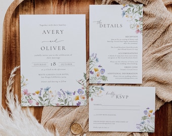 May include: Wedding invitation suite with floral designs. The invitation features the names Avery and Oliver, the date Saturday, October 18, and the location White Garden Club Hotel, San Diego, California. The details card includes information about the reception, accommodations, dress code, and additional information. The RSVP card has a space for the guest's name and a section to accept with pleasure.