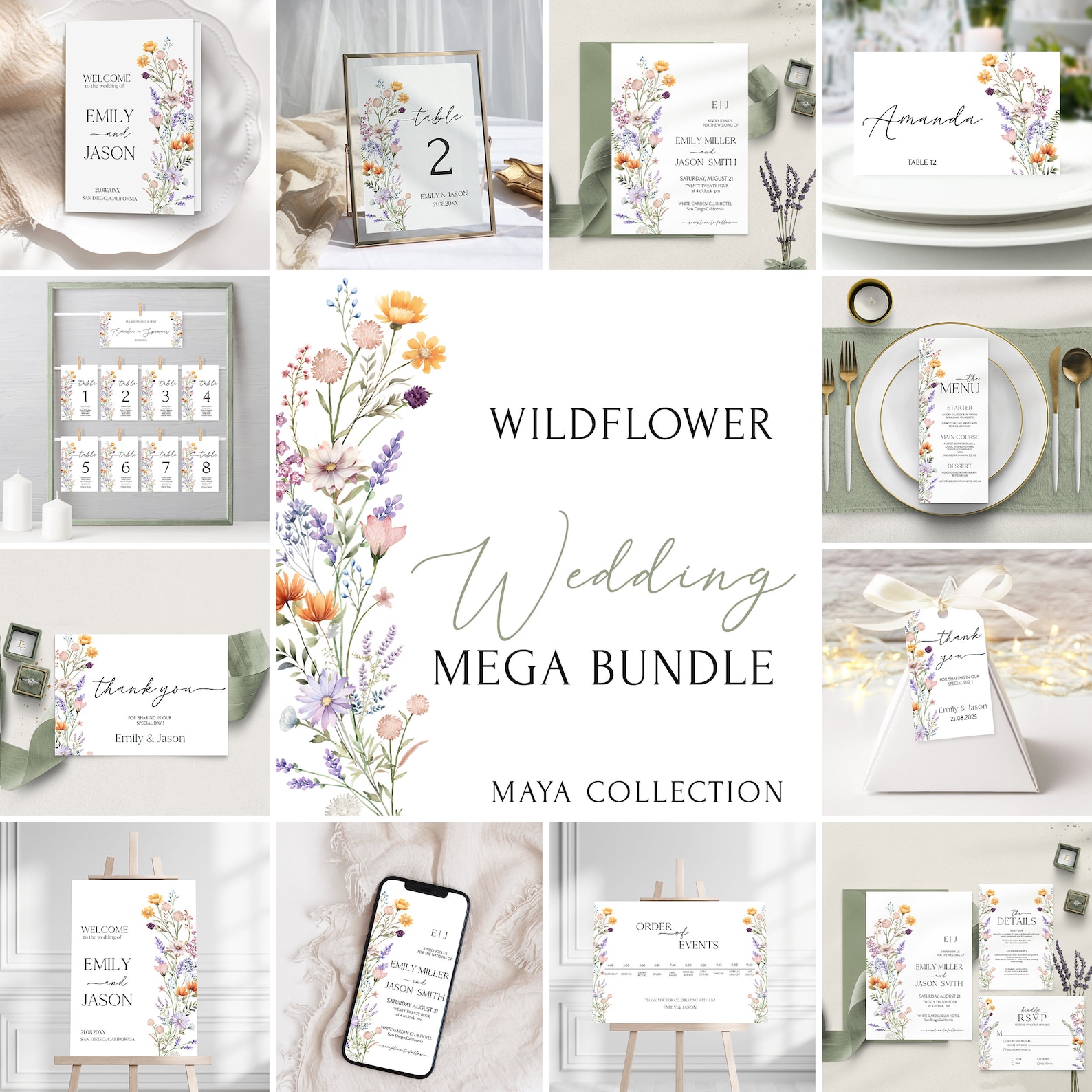 Wildflower Wedding Invitation MEGA Bundle Template,printable Wedding Invites Bundle,editable ...