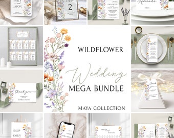 Wildflower Wedding Invitation MEGA Bundle Template,Printable wedding invites bundle,Editable boho floral wedding invitation set| MAYA