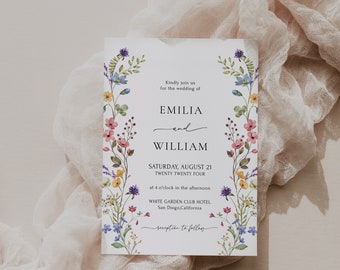 Peut inclure: Invitation de mariage avec une bordure florale. L'invitation est pour Emilia et William, et elle est fixée au samedi 21 août 2024 à 16 heures au White Garden Club Hotel à San Diego, Californie.