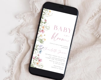 Wildflower Baby Shower Digital Invitation Template Editable Baby in Bloom Invitation Garden Floral Baby Shower Evite Sms Invitation | BW08