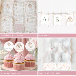 May include: A collection of baby shower decorations in a soft pink and gold color scheme. The image includes game cards, a banner, cupcake toppers, and water bottle labels, all featuring a bunny illustration. The text includes "Diaper Raffle", "Baby Bingo", and "Baby Shower".