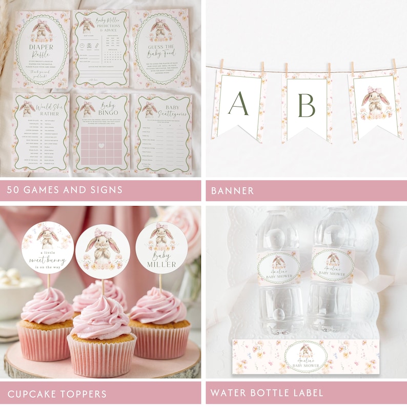 May include: A collection of baby shower decorations in a soft pink and gold color scheme. The image includes game cards, a banner, cupcake toppers, and water bottle labels, all featuring a bunny illustration. The text includes "Diaper Raffle", "Baby Bingo", and "Baby Shower".