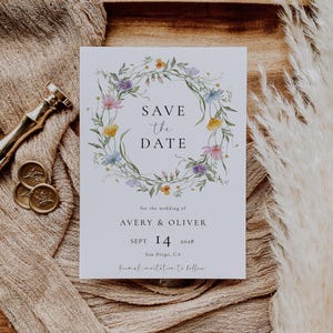 Wildblumenkranz Save the Date Template Bearbeitbare Botanische Hochzeit Save the Date Card Pastell Floral Save the Date Hochzeitsvorlage | VM10-1