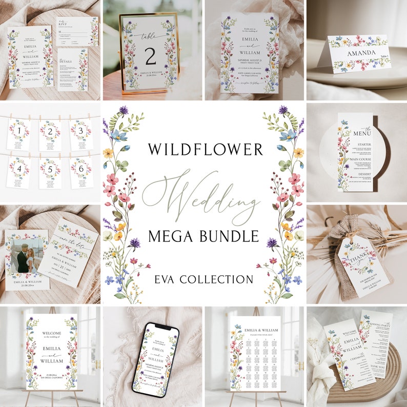 May include: Wildflower wedding printable templates in a mega bundle. The bundle includes a welcome sign, table numbers, place cards, a menu, a seating chart, a thank you tag, and more. The designs feature watercolor wildflowers in shades of pink, blue, and yellow.