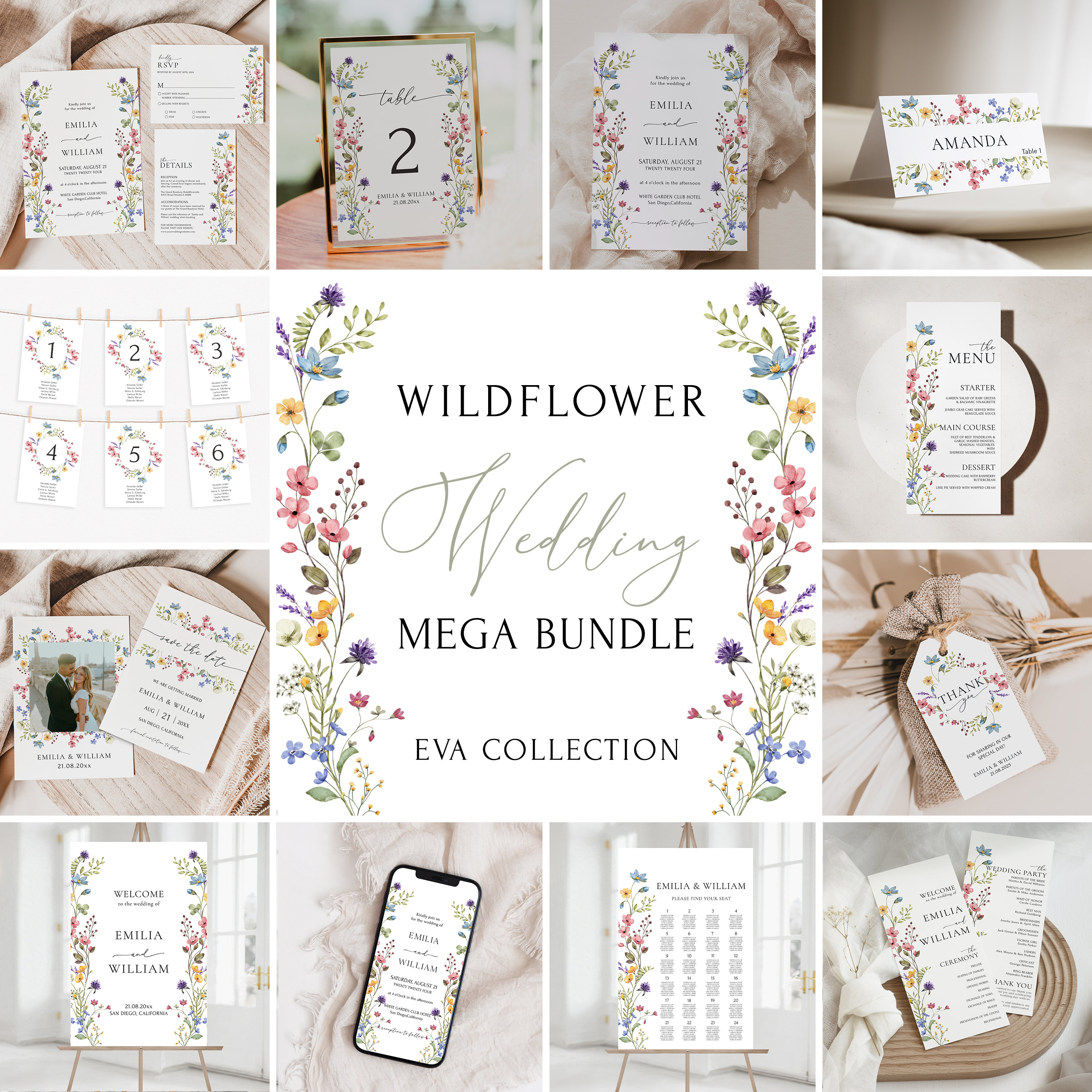 Wildflower Wedding Bundle Template Printable Wedding Invitation Bundle Boho Floral Wedding Invite Set Editable Large Wedding Bundle |EVA