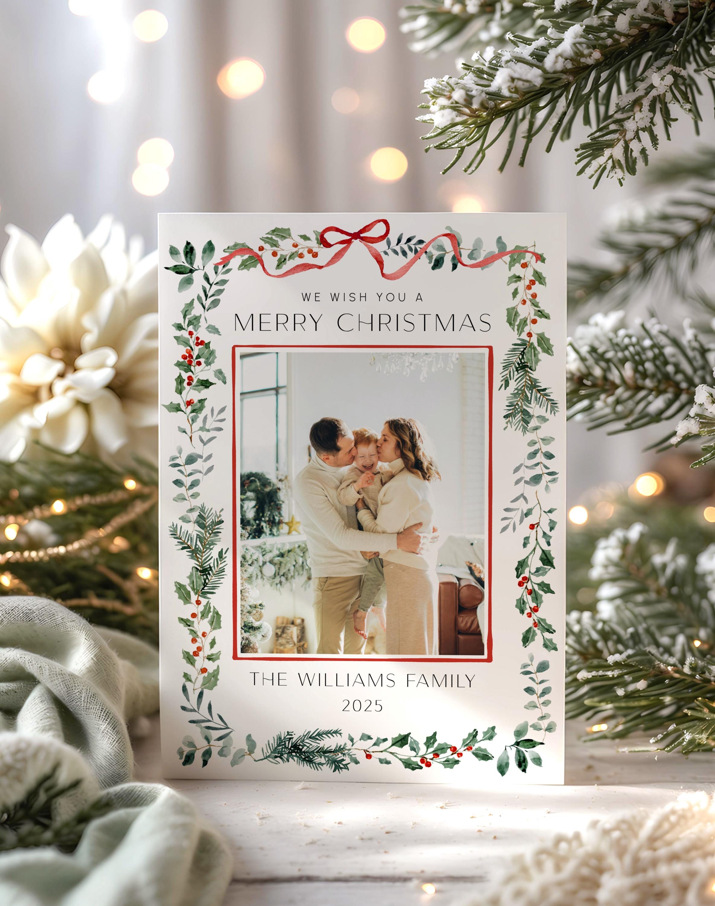 Editable Photo Christmas Card Template Red Bow Holiday Card Botanical ...