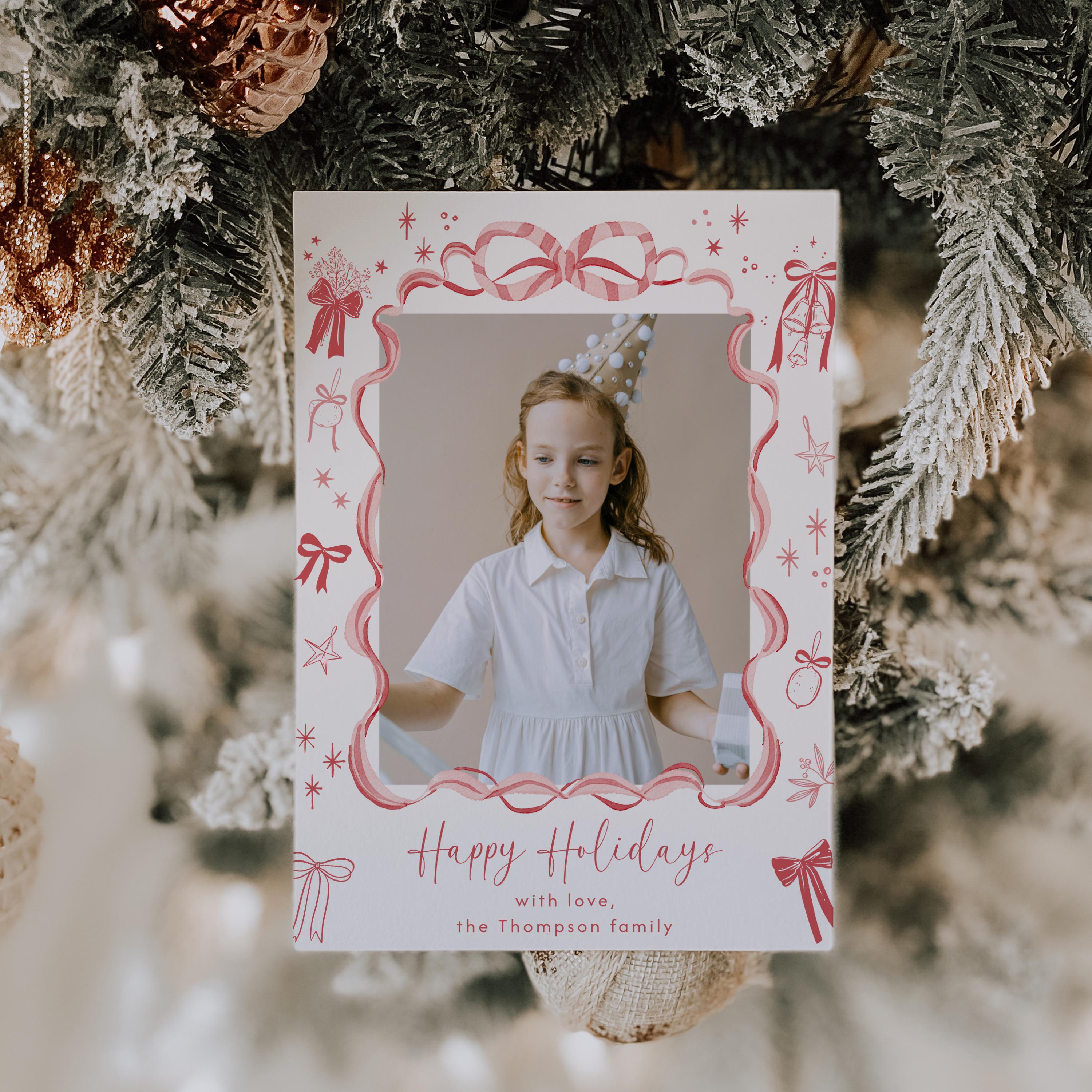 Editable Photo Christmas Card Template Hand Drawn Ribbon Frame Holiday ...