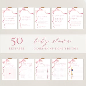 Pink Bow Baby Shower Games Bundle Printable Watercolor Ribbon Baby Shower Signs Minimalist Girl Baby Shower Bundle Editable Game Pack |BW01