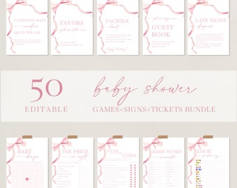 Pink Bow Baby Shower Games Bundle Printable Watercolor Ribbon Baby Shower Signs Minimalist Girl Baby Shower Bundle Editable Game Pack |BW01