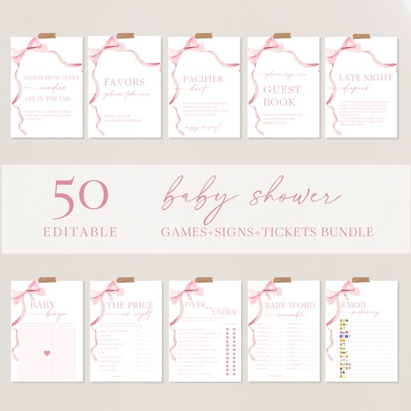 Pink Bow Baby Shower Games Bundle Printable Watercolor Ribbon Baby Shower Signs Minimalist Girl Baby Shower Bundle Editable Game Pack |BW01