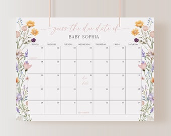 May include: A floral-themed printable calendar for a baby shower game. The calendar is decorated with watercolor flowers in shades of pink, purple, and yellow. The text "guess the due date of BABY SOPHIA" is at the top of the calendar. The calendar is for the months of August and September.
