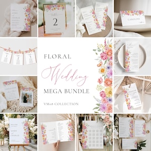 Pastel Floral Wedding Bundle Druckbare Blumenhochzeits-Einladungs-Set Boho Blumen Hochzeitsvorlagen Bunt Großes Hochzeits-Bundle | VM08