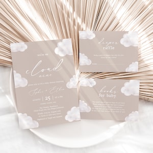 Neutrale Wolke Babypartyeinladung Set Druckbare Genderneutrale Babyparty einladen Set auf Wolke neun Einladungsreihe bearbeitbar |BW02
