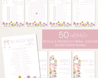 Petals and Prosecco Bridal Shower Games Bundle Spring Floral Bridal Shower Signs Editable Bridal Shower Bundle Pink Champagne Game Pack|BM01