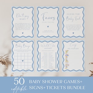 Blue Wavy Border Baby Shower Games Bundle Scalloped Frame Table Signs Set Wavy Baby Shower Game Pack Wavy Fun Baby Shower Bundle| WS01