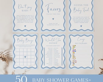 Blue Wavy Border Baby Shower Games Bundle Scalloped Frame Table Signs Set Wavy Baby Shower Game Pack Wavy Fun Baby Shower Bundle| WS01
