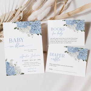 Blue Baby in Bloom Baby Shower Invitation Bundle Blue Hydrangea Baby Shower Invite Set Dusty Blue Baby Shower Floral Invitation Set | B008