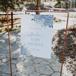 Blue Hydrangea Baby Shower Welcome Sign Template Editable Dusty Blue Baby Shower Welcome Poster Baby in Bloom Digital Sign Blue Flowers|B008
