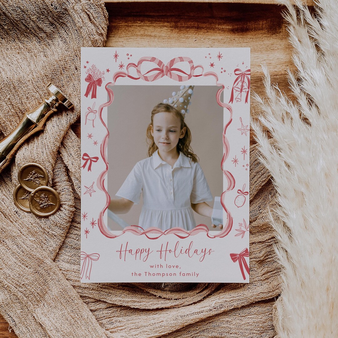 Editable Photo Christmas Card Template Hand Drawn Ribbon Frame Holiday ...