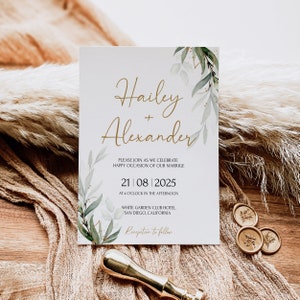 Greenery Wedding Invitation Card Template Eucalyptus Wedding Invitation Greenery Gold wedding invitation Printable Wedding Invite |OLIVIA