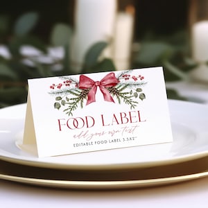 Kerstvoedseletiketsjabloon Winter babyshowerbuffetkaart Rode strik bruidsdouche Voedseletiket groen Buffettent gevouwen kaart | CH01