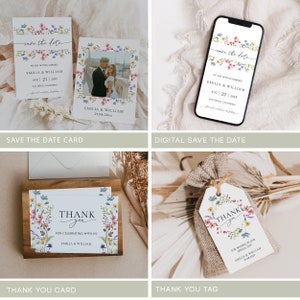 May include: Save the date card and thank you card with floral designs. The save the date card features a photo of a couple in front of a floral wreath. The thank you card has the text "Thank you" with a floral wreath around it. The text "For celebrating with us!" is below the wreath. The names "Emilia & William" are at the bottom of the card.