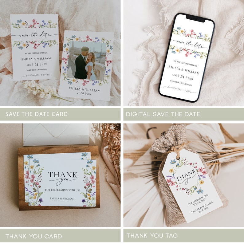 May include: Save the date card and thank you card with floral designs. The save the date card features a photo of a couple in front of a floral wreath. The thank you card has the text "Thank you" with a floral wreath around it. The text "For celebrating with us!" is below the wreath. The names "Emilia & William" are at the bottom of the card.